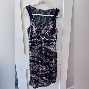 Sue Wong Black and Gold Lace Dress